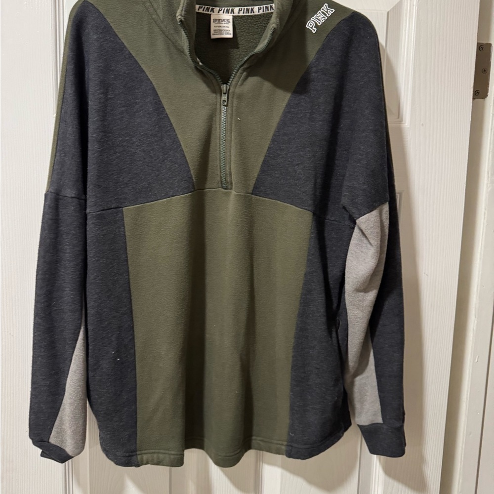 PINK Victoria's Secret Men's Olive and Charcoal Zip-Up Sweater